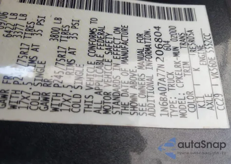 2007 Nissan Titan Xe z USA, uszkodzony, nr VIN 1N6BA07A77N206804